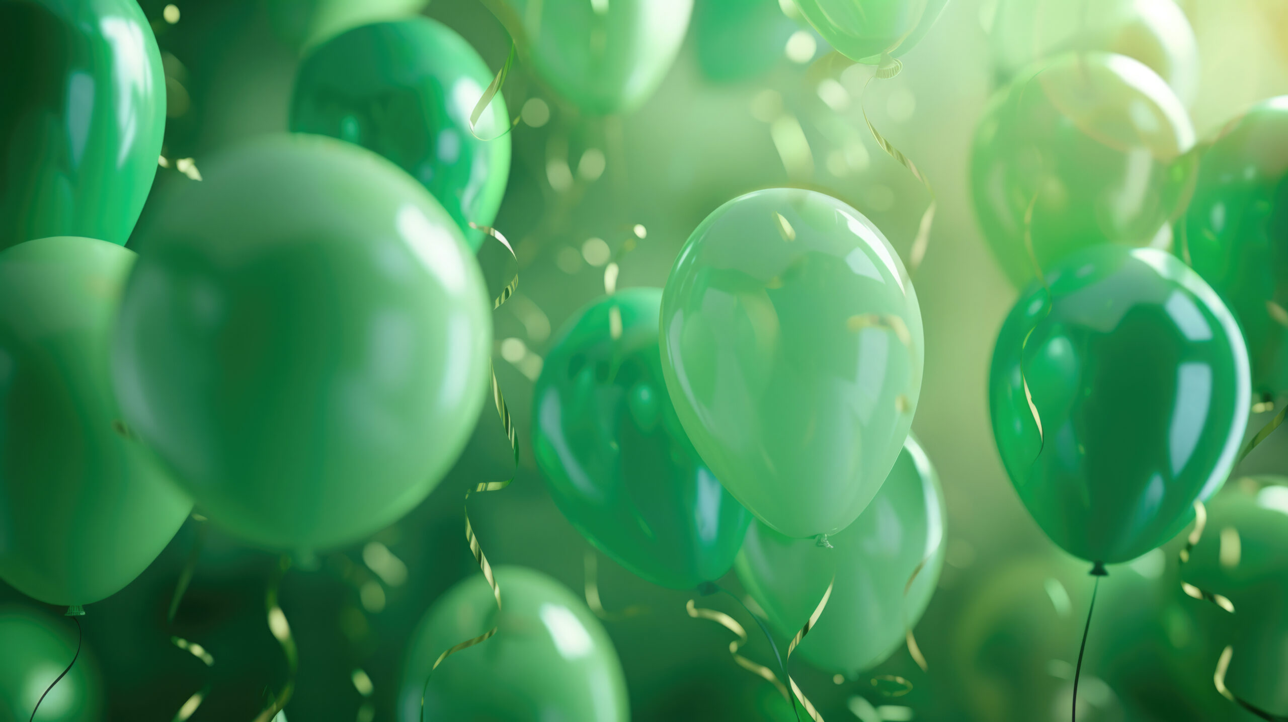 green festive background for birthday banner.Lots of balloons with shiny ribbons and confetti,empty space for text